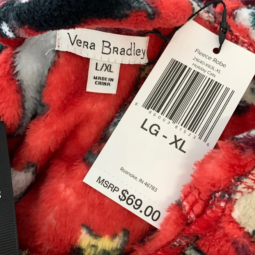 NWT $69 Vera Bradley Holiday Cats Print Plush Fleece Cozy Hooded Robe Red L/XL - Picture 8 of 9